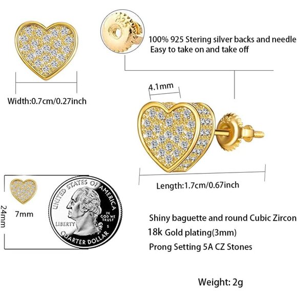 18k Gold Plated Heart Stud Earring For Women Earring Screw Back Iced Out Cubic Z - Picture 5 of 5